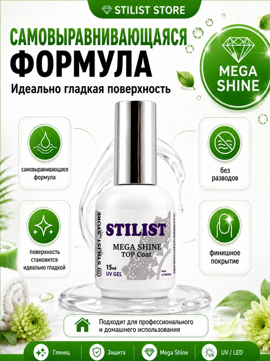 Топ для гель-лака STILIST Mega Shine Top Coat, 15 мл