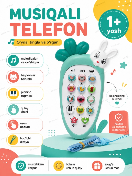 Музыкальный развивающий телефон-игрушка для малышей, с подсветкой и звуковыми эффектами - 