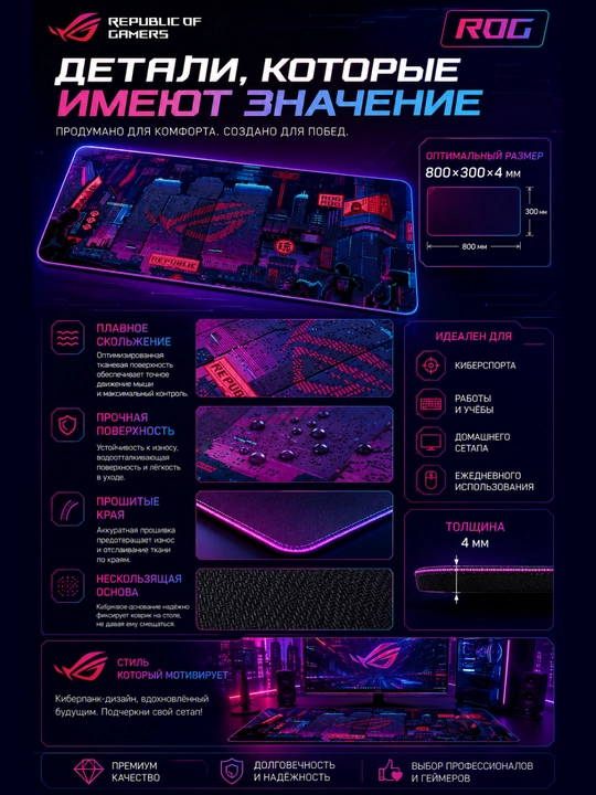 Игровой коврик для мыши ROG Cyberpunk 800×300×4 мм, большой XXL, прошитый край