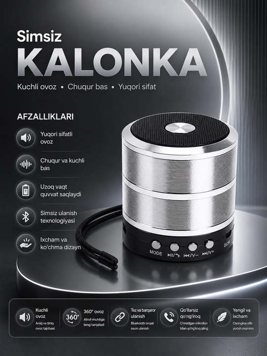 WS-887 Bluetooth Kolonka Simsiz Karnay FM Radio USB TF AUX Portativ Dinamik Qora - 