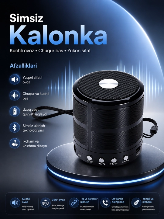 WS-887 Bluetooth Kolonka Simsiz Karnay FM Radio USB TF AUX Portativ Dinamik Qora - 