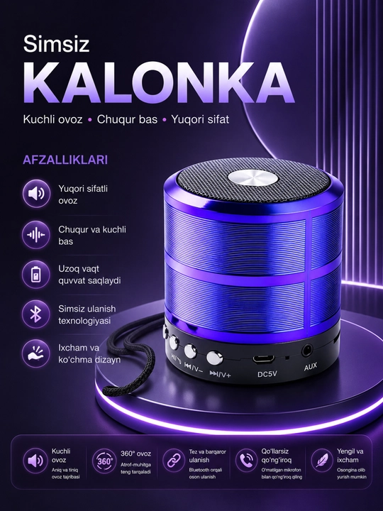 WS-887 Bluetooth Kolonka Simsiz Karnay FM Radio USB TF AUX Portativ Dinamik Qora - 