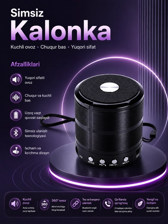 WS-887 Bluetooth Kolonka Simsiz Karnay FM Radio USB TF AUX Portativ Dinamik Qora - 