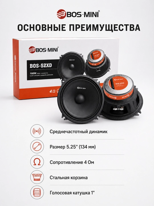 Среднечастотный динамик BOS-MINI BOS-52XD, 5,25″, 100/180 Вт, 4 Ом, 1 шт