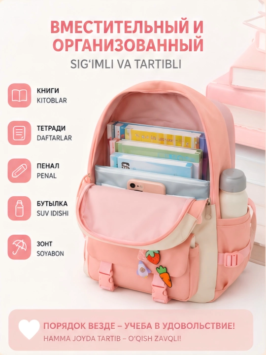 Maktab ryukzagi, 5 tasi 1 da, to‘plamda: ryukzak, qalamdon, sumka, sumkacha, organayzer