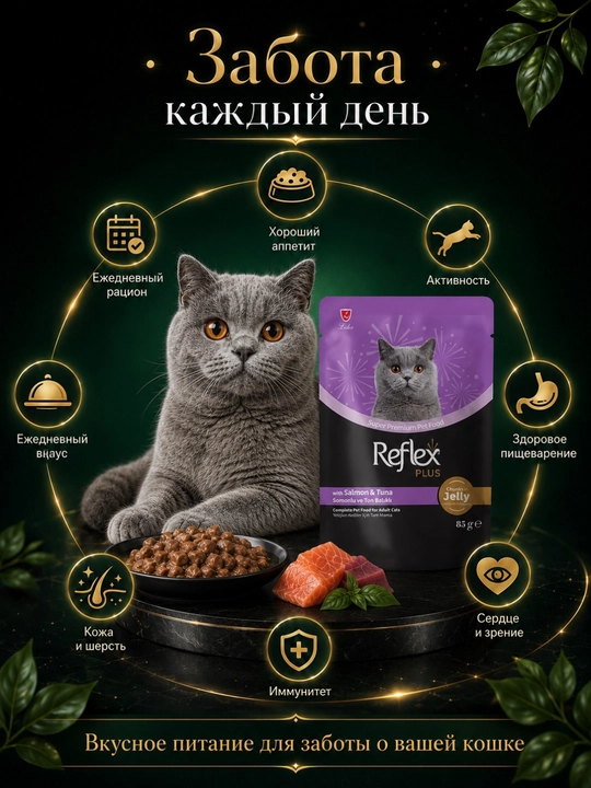 Reflex Plus mushuklar uchun losos va tunesli nam yem, jeledagi bo‘lakchalar, 5 × 85 g