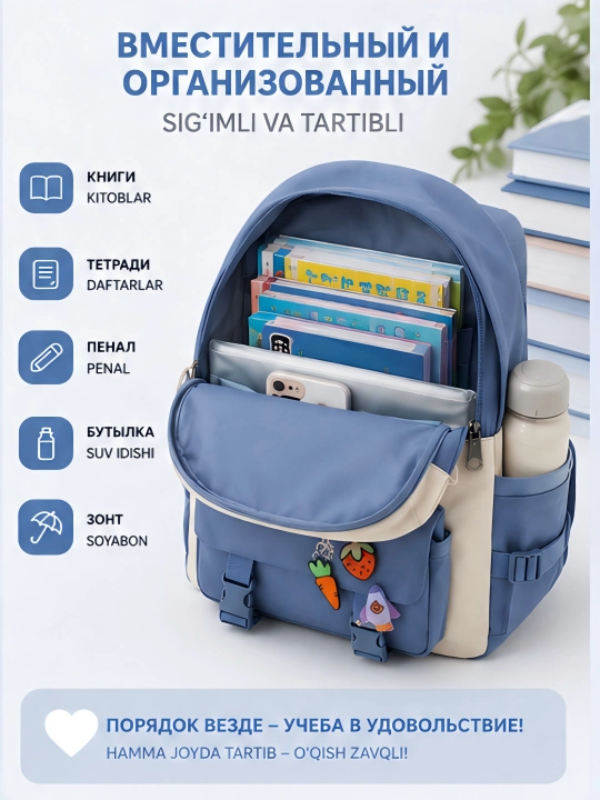 Maktab ryukzagi, 5 tasi 1 da, to‘plamda: ryukzak, qalamdon, sumka, sumkacha, organayzer