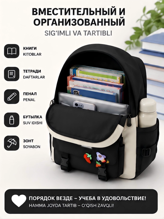 Maktab ryukzagi, 5 tasi 1 da, to‘plamda: ryukzak, qalamdon, sumka, sumkacha, organayzer