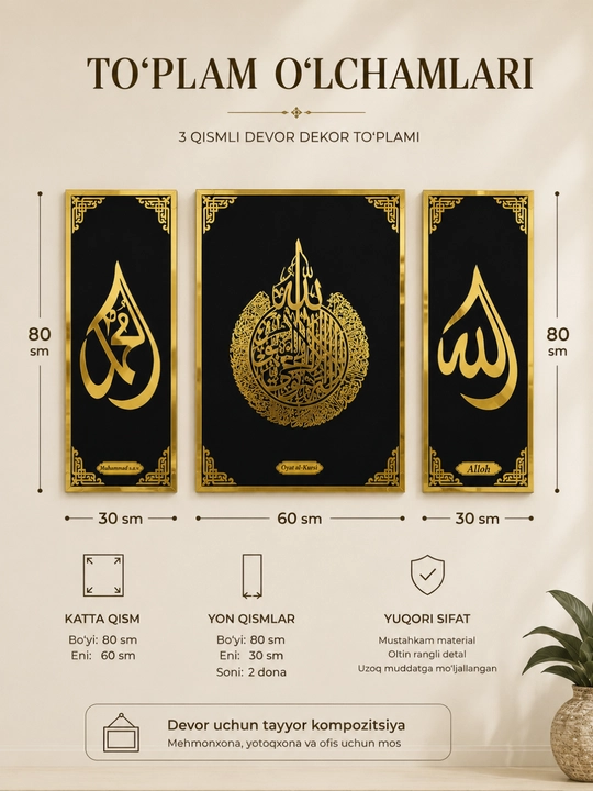 3 qismdan iborat islomiy devoriy bezak - Oyat al-Kursiy, "Alloh" va Muhammad