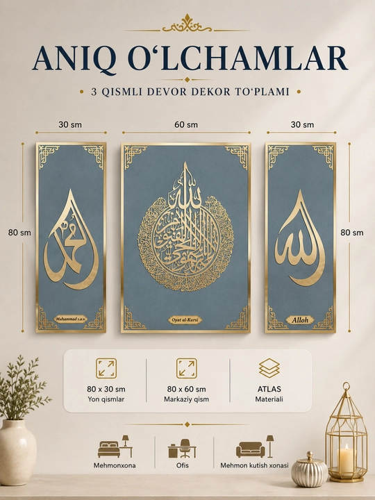 3 qismdan iborat islomiy devoriy bezak - Oyat al-Kursiy, "Alloh" va Muhammad