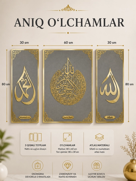 3 qismdan iborat islomiy devoriy bezak - Oyat al-Kursiy, "Alloh" va Muhammad