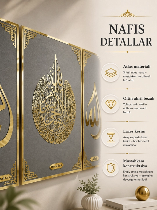 3 qismdan iborat islomiy devoriy bezak - Oyat al-Kursiy, "Alloh" va Muhammad