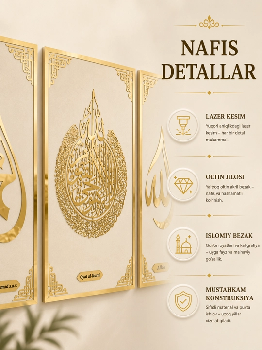 3 qismdan iborat islomiy devoriy bezak - Oyat al-Kursiy, "Alloh" va Muhammad
