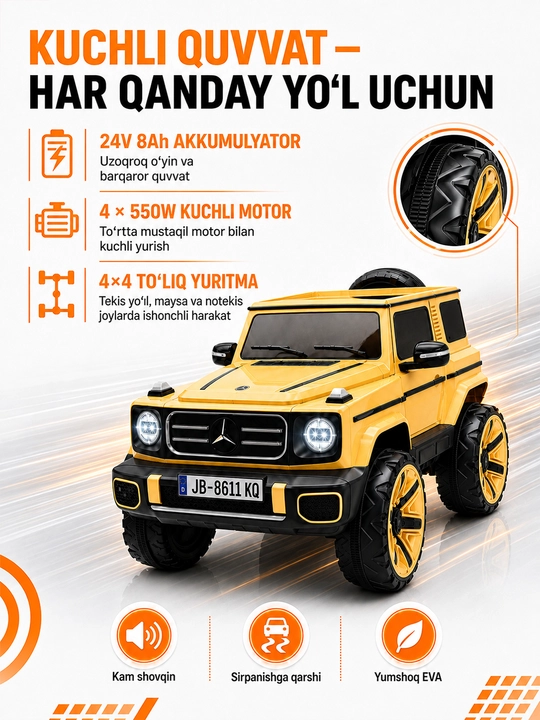 Детский электромобиль 24V 4×4, 4 мотора 550, LED, Bluetooth, управление через APP