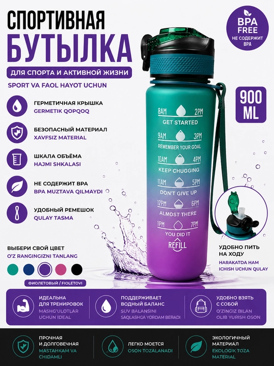Suv uchun sport shishasi, 900 ml, naycha va vaqt ko‘rsatkichi bilan, germetik, BPA Free - 
