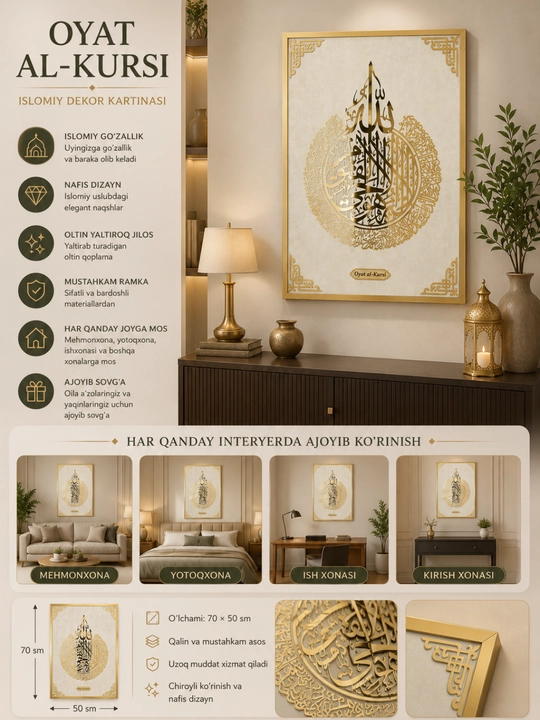 "Oyat al-Kursiy" islomiy dekorativ kartinasi (70 × 50 sm)