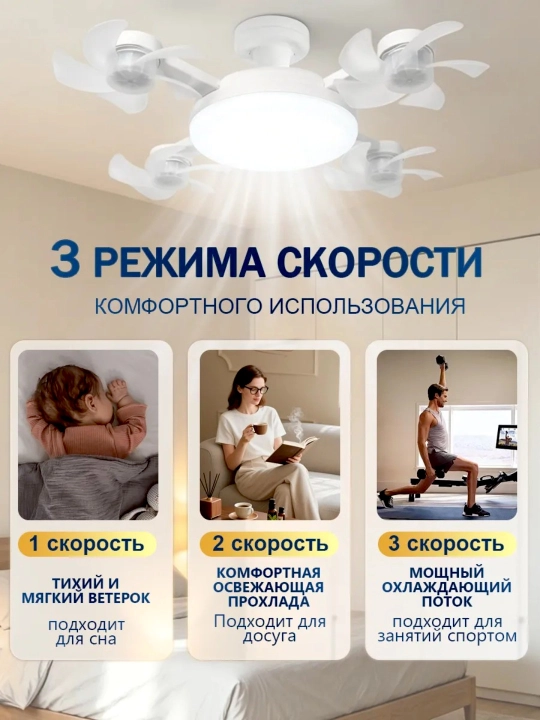 Люстра с вентилятором LED, с пультом, 3  освещения и 4 режима вращения, для всех комнат