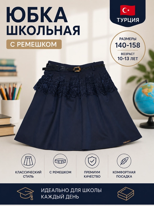 Юбка школьная с ремешком,школьная одежда для девочек,140-158,10-13 лет,Турция - 