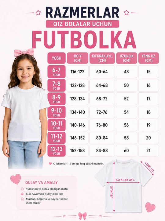 Qiz bolalar uchun oq futbolka, 100% paxta, yumshoq va yengil, 6–13 yosh, 116–158 o‘lcham
