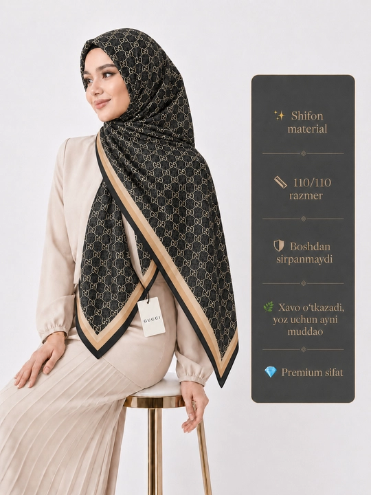 Ayollar lyuks румол 110x110 o‘lchamli shifon ro‘mol, naqshli hijob ro'mol, platok, sharf - 