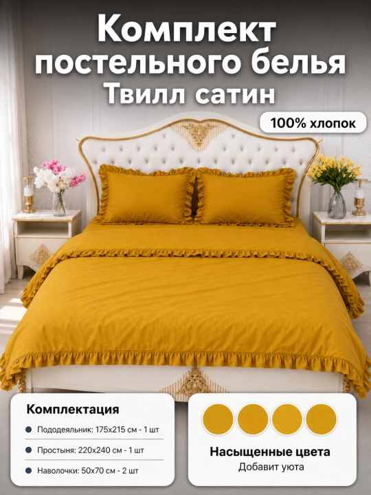 Комплект постельного белья 2-спальный Поплин (100% хлопок) с рюшами - 