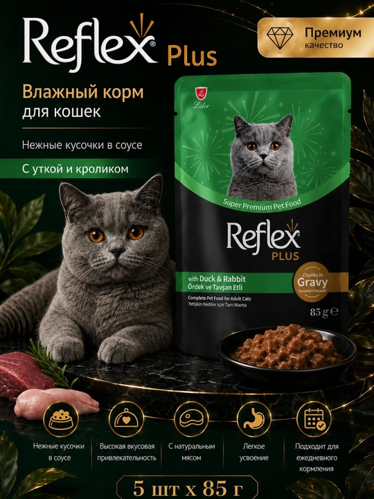 Reflex Plus Voyaga yetgan mushuklar uchun o‘rdak va quyon go‘shtli sousdagi nam yem, 85g5d - 
