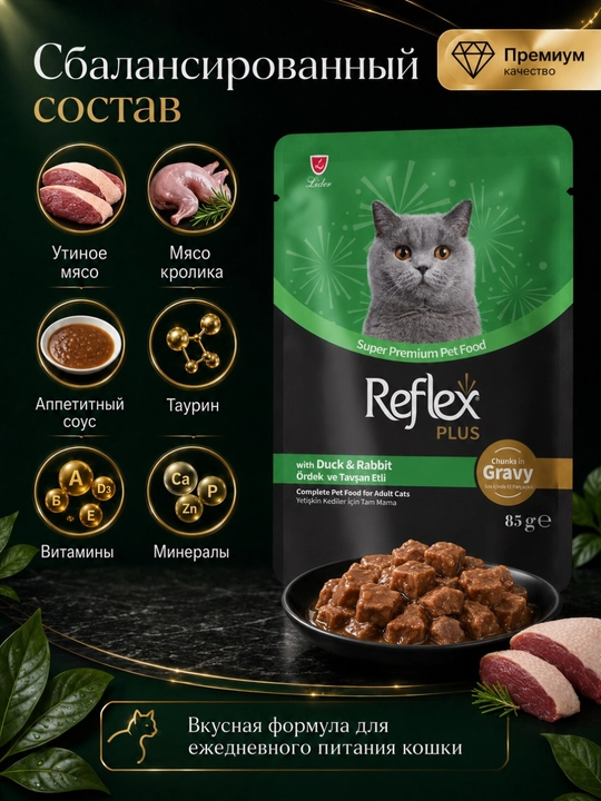 Reflex Plus Voyaga yetgan mushuklar uchun o‘rdak va quyon go‘shtli sousdagi nam yem, 85g5d
