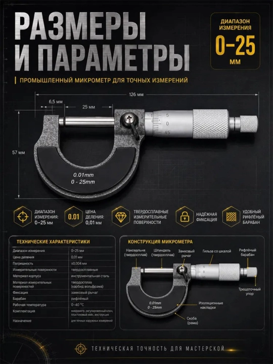 Микрометр наружный 0,25 мм для токарных и слесарных работ