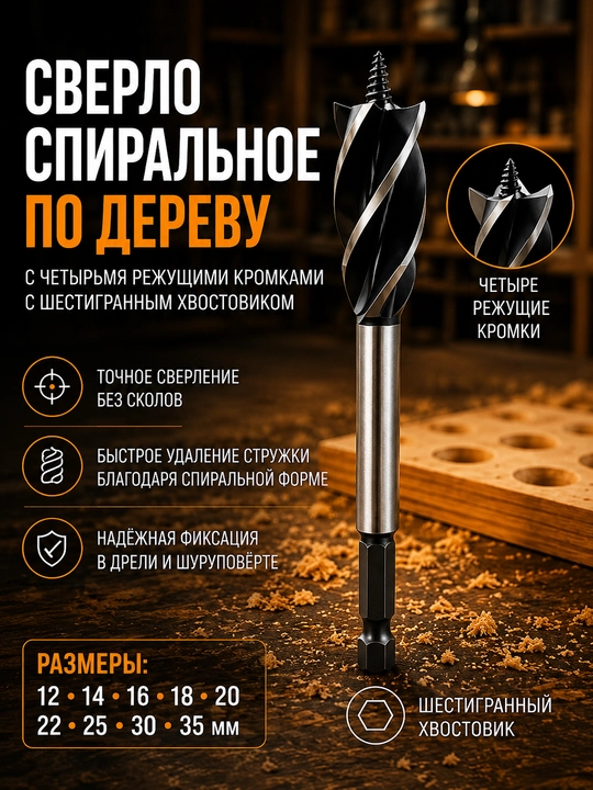 Спиральное сверло по дереву с 4 режущими кромками - 