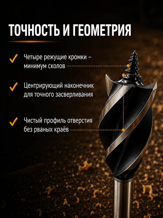 Спиральное сверло по дереву с 4 режущими кромками