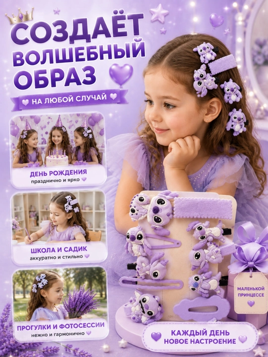 Набор аксессуаров для волос Stitch для девочек, 11 предметов, лавандовый