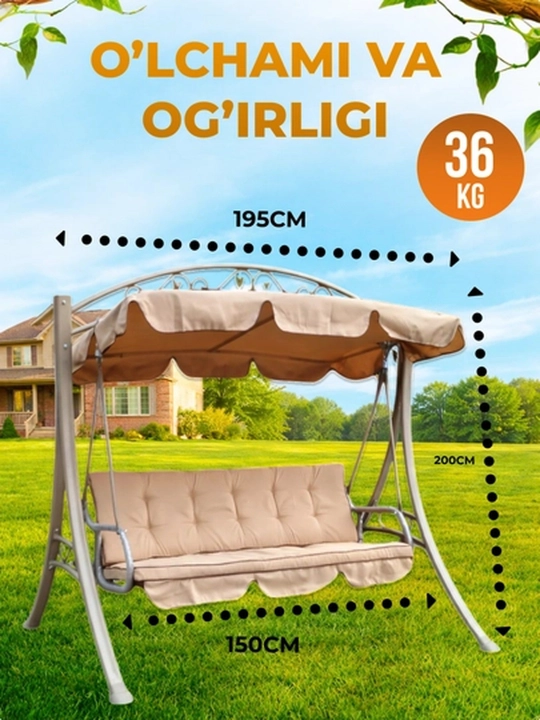 Bog' arg‘imchog‘i 3 o‘rinli, 195x150x200 sm o‘lchamli, soyabonli, orqasi yotadigan