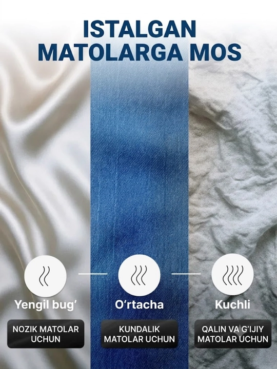 Raqamli bug‘li qo‘l dazmoli, matolarni tik holatda tekislash va kiyim parvarishi uchun