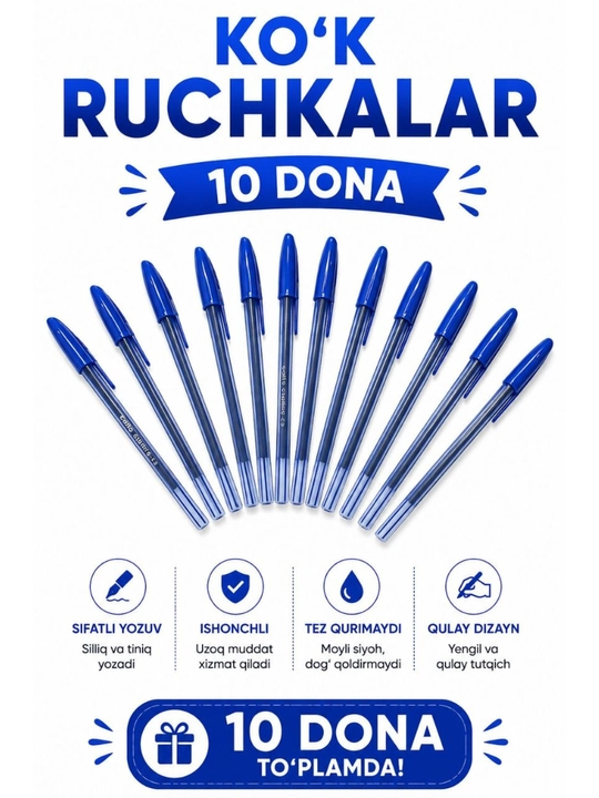 Sharikli ko‘k, qizil, yashil, qora 8, 10 dona ruchkalar to‘plami - 