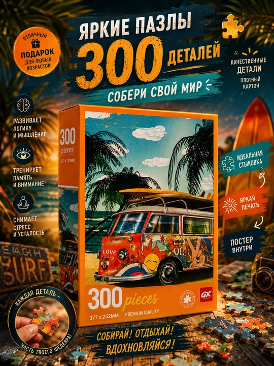 Пазл Jigsaw Puzzle Ретро автобус 300 деталей настольная игра мозаика для семьи - 