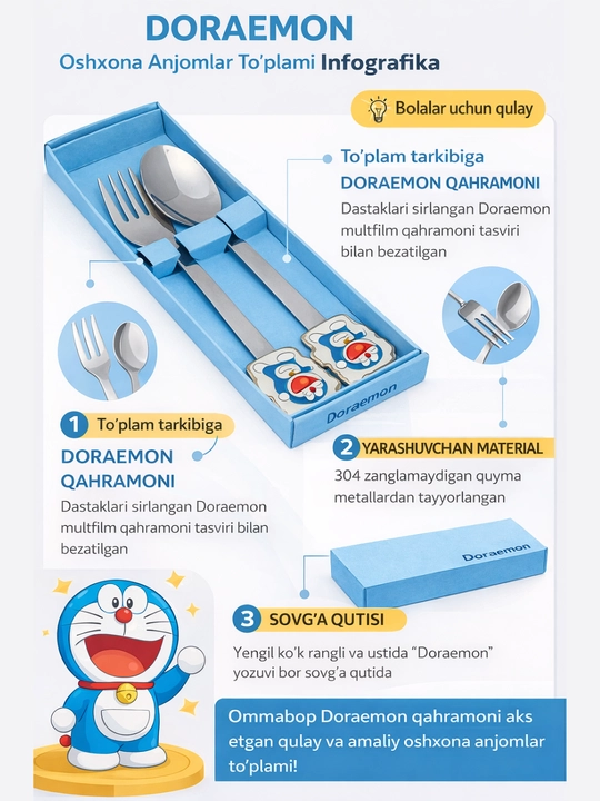 Bolalar uchun qoshiq va sanchqi "HELLO KITTY", "SPANGE BOB", DORAEMON" - 