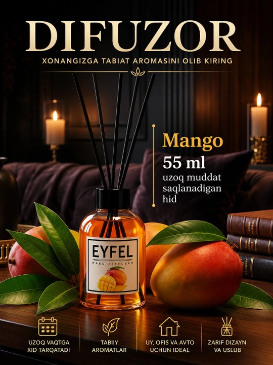 Освежитель воздуха Eyfel Mango, ароматизатор и аромат для дома, офиса и автомобиля, 55 мл - 