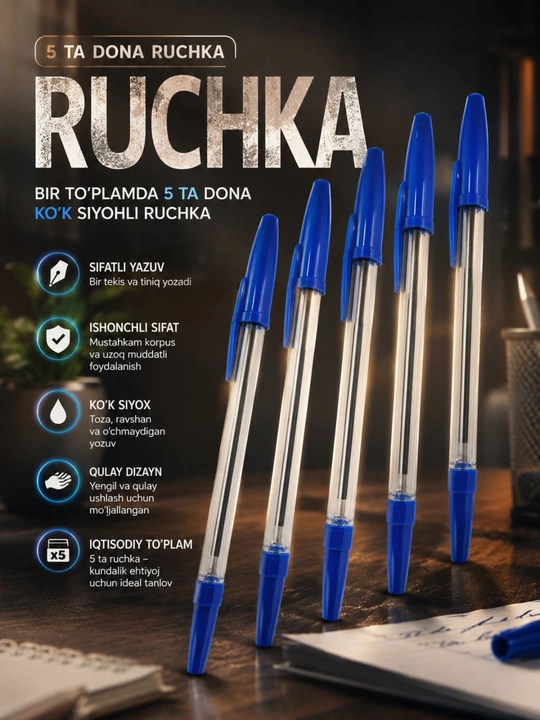 Ko'k ruchka, sharikli ruchka, 5 dona ruchka, yozuv ruchkasi, maktab ruchkasi, ofis uchun 