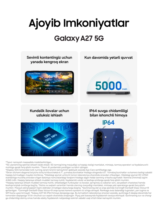 Samsung Galaxy A27 5G smartfoni, 6.7″ Super AMOLED 120 Gts, 50 MP OIS, 5000 mAh