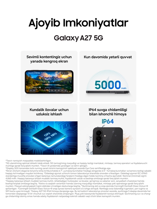 Samsung Galaxy A27 5G smartfoni, 6.7″ Super AMOLED 120 Gts, 50 MP OIS, 5000 mAh