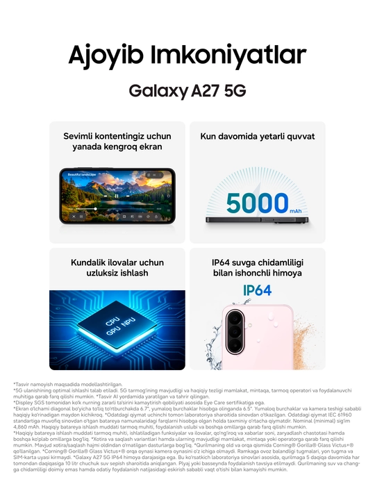 Samsung Galaxy A27 5G smartfoni, 6.7″ Super AMOLED 120 Gts, 50 MP OIS, 5000 mAh