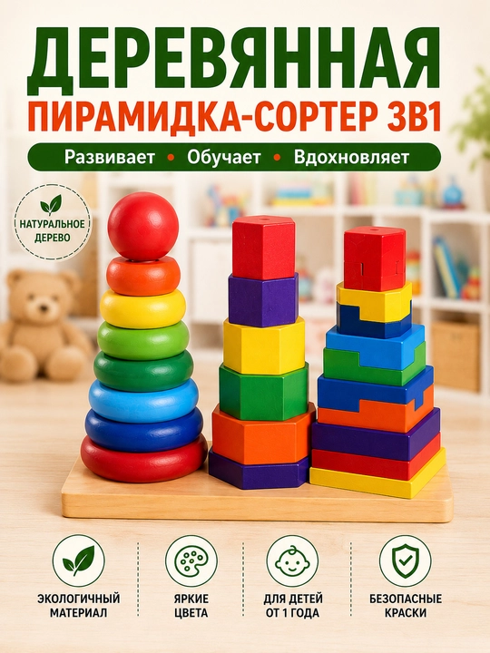 Bolalar uchun 3 ta 1 da yog‘ochli saralash piramidasi, rivojlantiruvchi Montessori o‘yinchog‘i - 