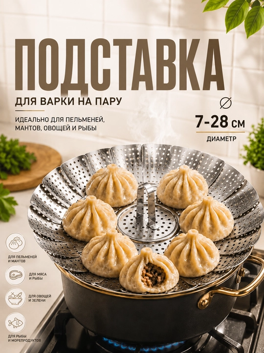 Пароварка для кастрюли складная, подставка вставка для варки на пару мантыварка нерж сталь - 