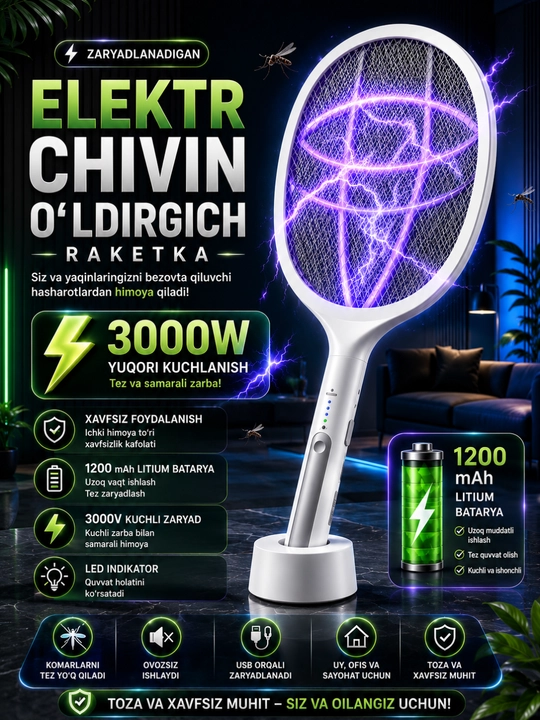 Elektr chivin o'ldirgich raketka USB zaryadlanuvchi LED pashsha va hasharotlarga qarshi - 