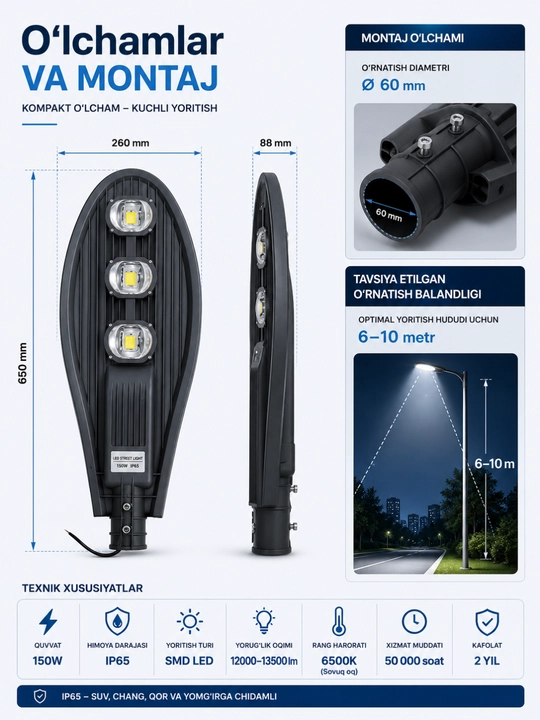 LED projektor RKU 150W IP65 suv va qorga chidamli ko‘cha yoritgichi