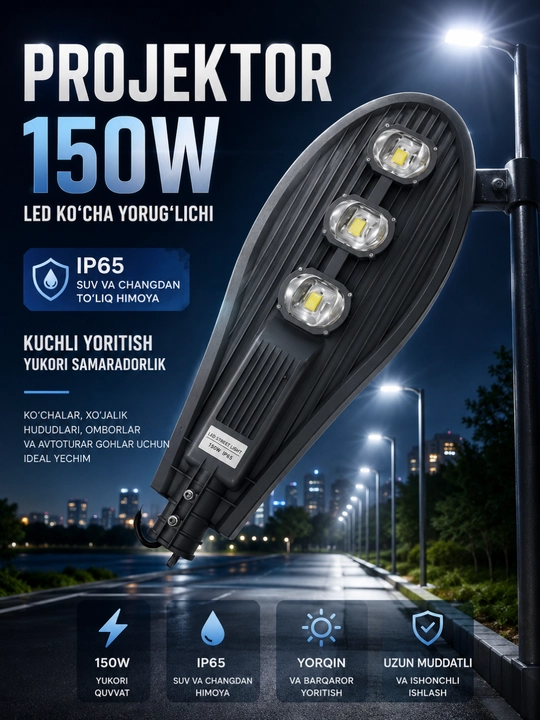 LED projektor RKU 150W IP65 suv va qorga chidamli ko‘cha yoritgichi - 