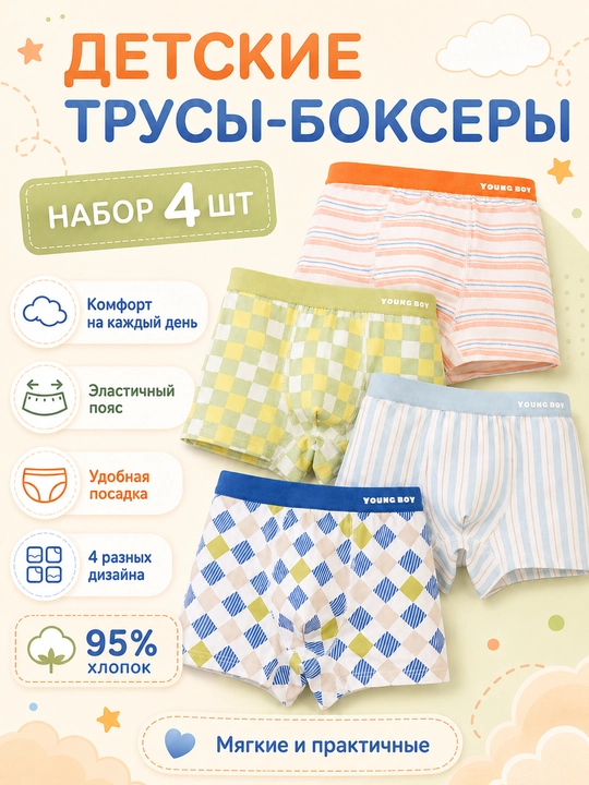 Детские трусы-боксеры для мальчиков, набор 4 шт, хлопок 95% - 