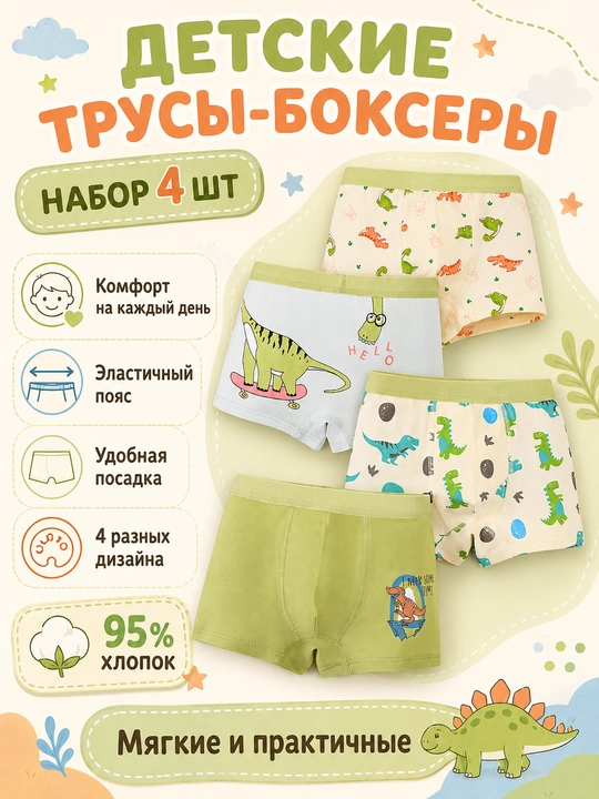 Детские трусы-боксеры для мальчиков, набор 4 шт, хлопок 95% - 