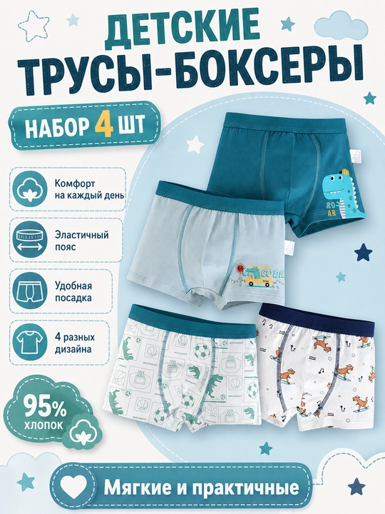 Детские трусы-боксеры для мальчиков, набор 4 шт, хлопок 95% - 