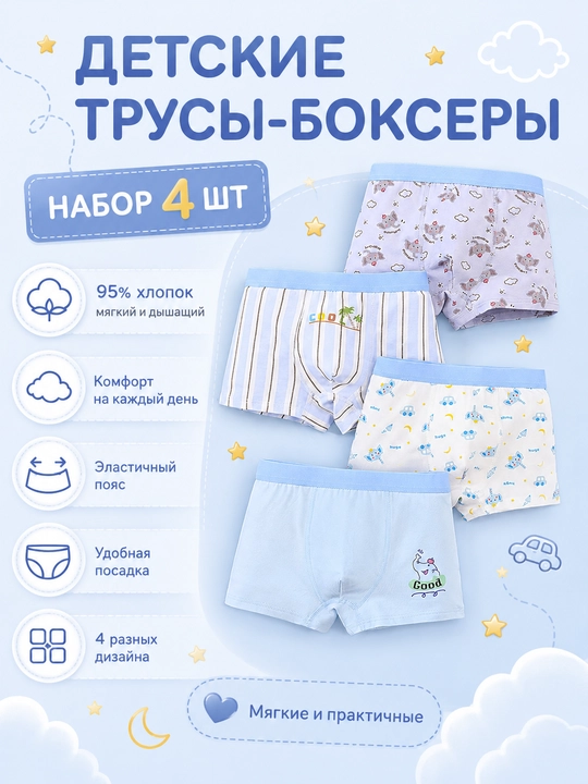 Детские трусы-боксеры для мальчиков, набор 4 шт, хлопок 95% - 